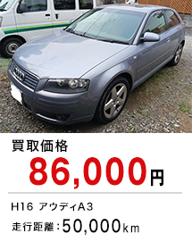 買取価格86,000円 H16アウディA3 走行距離：50,000km